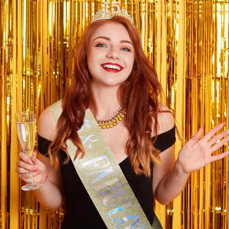 Hapdoo 15th Birthday Decorations for Women, 15th Birthday Gifts Sash and Crown for Women Set, 15 & Fabulous Party Supplies, Gold - Image 2